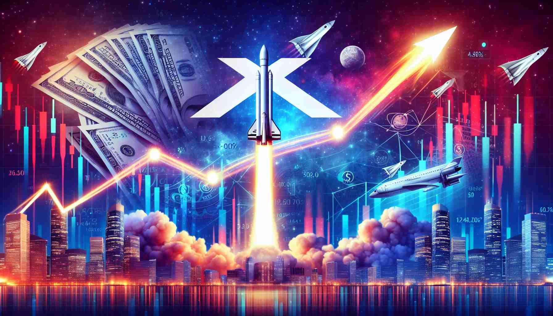 Generate a realistic high definition image capturing the essence of the valuation of SpaceX skyrocketing. The image could have elements such as the emblem of SpaceX, a rocket soaring into the sky, and the representation of financial growth. Please avoid real people or specific numbers.