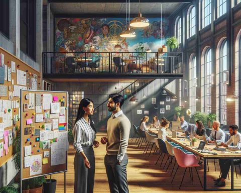 A high-definition, realistic image showcasing the inside of a creative business in Dublin. The shot should provide a wide viewpoint of a busy, well-lit office environment filled with individuals of various descents and genders. A South Asian woman and a Middle-Eastern man can be seen discussing plans by a whiteboard filled with innovative ideas. Pinned to the corkboard are colorful, quirky mood boards and sketches. Along with the eco-friendly workspace, there are also loft-style meeting rooms, murals inspired by Celtic Mythology, modernist furniture, and floor-to-ceiling windows revealing bustling streets of Dublin.