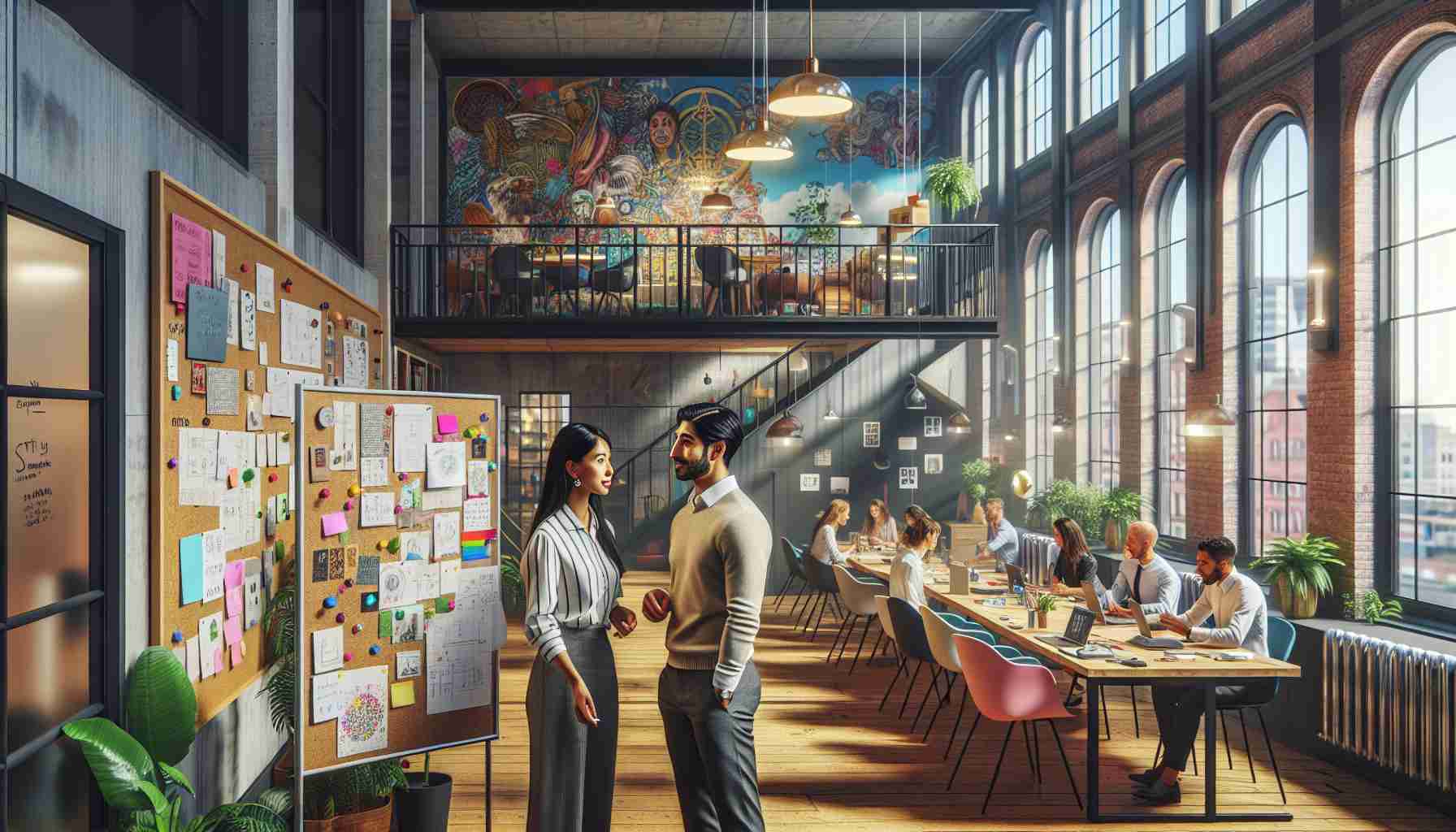 A high-definition, realistic image showcasing the inside of a creative business in Dublin. The shot should provide a wide viewpoint of a busy, well-lit office environment filled with individuals of various descents and genders. A South Asian woman and a Middle-Eastern man can be seen discussing plans by a whiteboard filled with innovative ideas. Pinned to the corkboard are colorful, quirky mood boards and sketches. Along with the eco-friendly workspace, there are also loft-style meeting rooms, murals inspired by Celtic Mythology, modernist furniture, and floor-to-ceiling windows revealing bustling streets of Dublin.