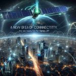 A conceptual image representing the new era of connectivity. It features a high-definition display of a futuristic cityscape with neon lights and glowing connections infiltrating through buildings. Over the city, a satellite labeled 'Optus-X' orbits the Earth, radiating signals that intertwine with the lights of the city. Words 'A New Era of Connectivity. Are We Ready for Optus-X?' is emblazoned in the sky.