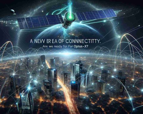 A conceptual image representing the new era of connectivity. It features a high-definition display of a futuristic cityscape with neon lights and glowing connections infiltrating through buildings. Over the city, a satellite labeled 'Optus-X' orbits the Earth, radiating signals that intertwine with the lights of the city. Words 'A New Era of Connectivity. Are We Ready for Optus-X?' is emblazoned in the sky.