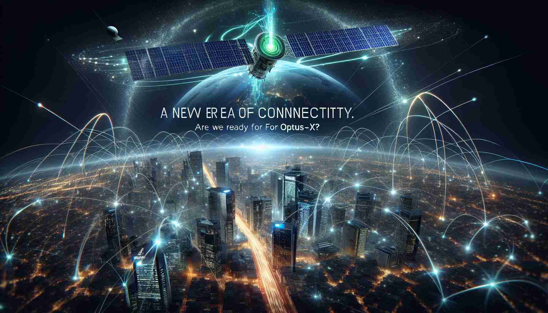 A conceptual image representing the new era of connectivity. It features a high-definition display of a futuristic cityscape with neon lights and glowing connections infiltrating through buildings. Over the city, a satellite labeled 'Optus-X' orbits the Earth, radiating signals that intertwine with the lights of the city. Words 'A New Era of Connectivity. Are We Ready for Optus-X?' is emblazoned in the sky.