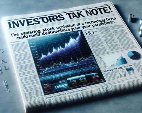 A realistic, high-definition image of a newspaper headline saying 'Investors Take Note! The soaring stock value of a technology firm could redefine your portfolio.' The paper as a whole provides a snapshot of the stock market, with charts and graphs showing various rising trends. In a corner, there is a small column providing insight into a particular technology firm whose success could potentially alter portfolios.