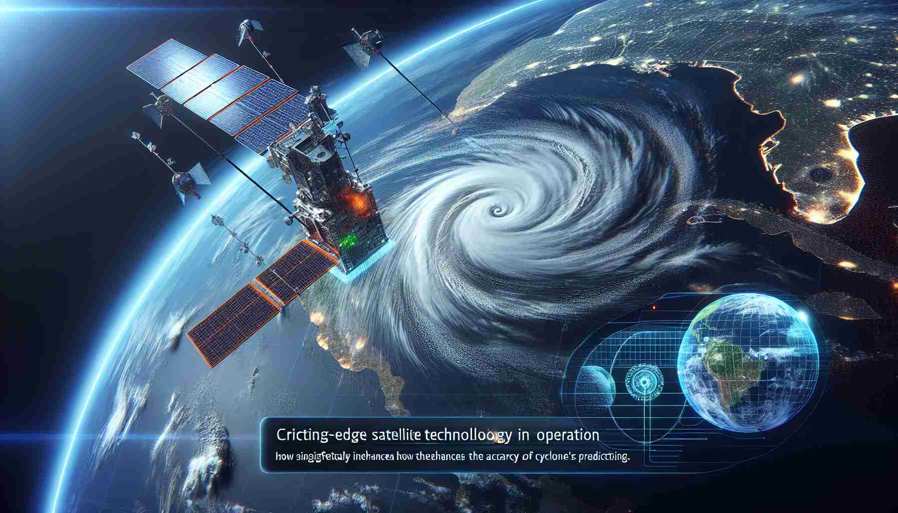 High-definition, realistic depiction of a cutting-edge satellite technology in operation. This satellite technology is specific to cyclone forecasting. The image should convey how it significantly enhances the accuracy and efficiency of predictions. Possible elements to include could be satellite models, cyclone patterns, data transmission lines, and a globe or maps showing the cyclone's projected path.