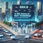 Create a realistic HD image of a tech-fueled future investment landscape. The scene includes a futuristic cityscape bustling with drones and electric vehicles, electric charging stations replacing conventional gas stations, tall buildings with large, digitally projected stock tickers. In the center, there's a huge electronic billboard displaying the text 'Is BRK.B the Future of Tech Investing? Uncover Groundbreaking Insights'.