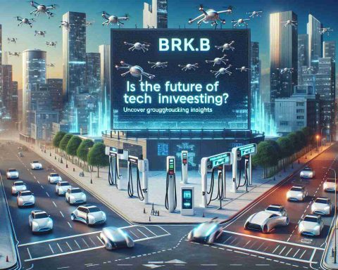 Create a realistic HD image of a tech-fueled future investment landscape. The scene includes a futuristic cityscape bustling with drones and electric vehicles, electric charging stations replacing conventional gas stations, tall buildings with large, digitally projected stock tickers. In the center, there's a huge electronic billboard displaying the text 'Is BRK.B the Future of Tech Investing? Uncover Groundbreaking Insights'.