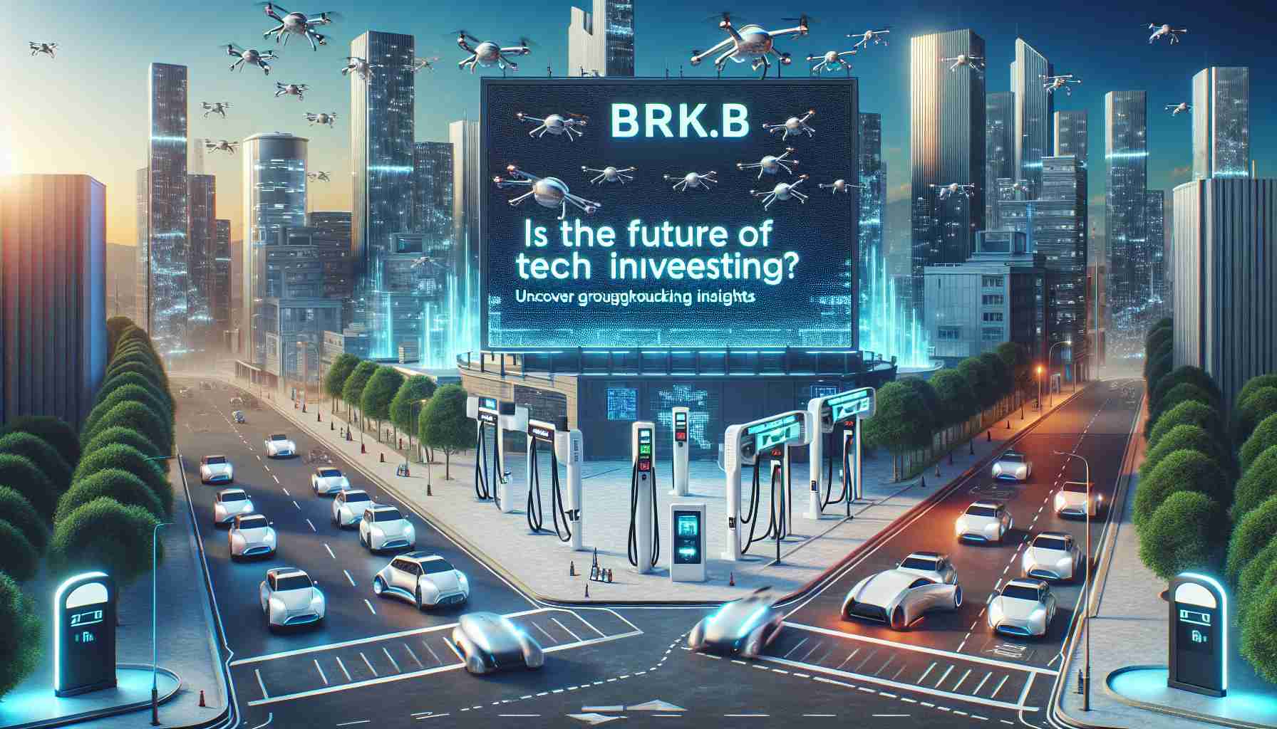 Create a realistic HD image of a tech-fueled future investment landscape. The scene includes a futuristic cityscape bustling with drones and electric vehicles, electric charging stations replacing conventional gas stations, tall buildings with large, digitally projected stock tickers. In the center, there's a huge electronic billboard displaying the text 'Is BRK.B the Future of Tech Investing? Uncover Groundbreaking Insights'.