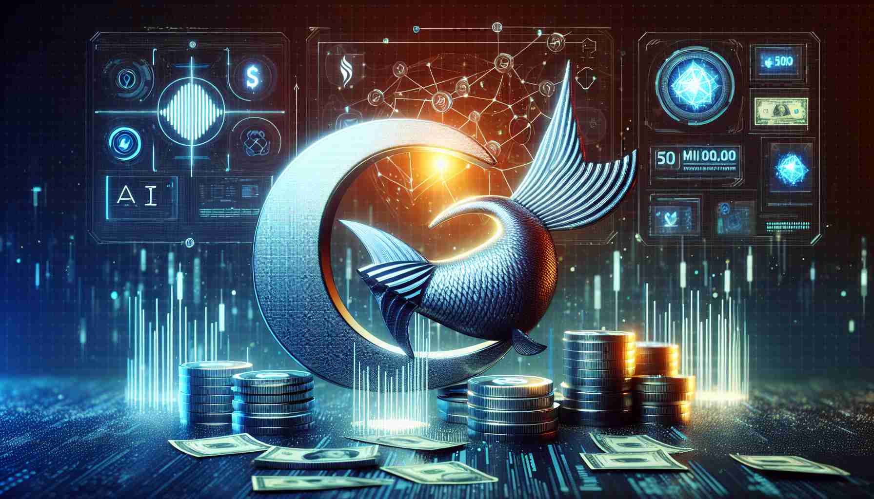 A realistic high-definition image representing the concept of a fintech startup, symbolised by the number '9' and a fin, securing a large investment of 50 million dollars. This investment signifies their mission to revolutionize the debt markets with the power of artificial intelligence. Elements in the image could possibly include a symbolic representation of the financial market, a large dollar sign and/or stacks of money, and elements representing AI, such as a neural network imagery or a futuristic computer interface.