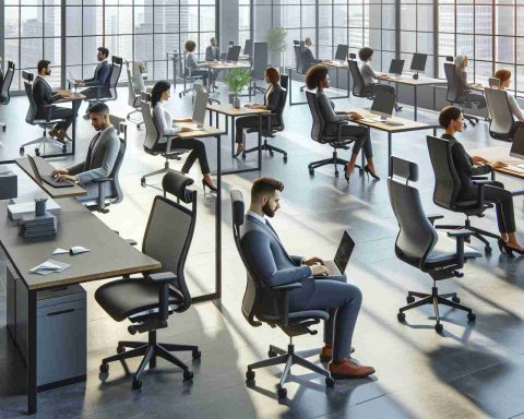 Create a realistic, high-definition image depicting the concept of 'The Silent Revolution: Office Chairs and Productivity'. Include a modern office setting showcasing an array of ergonomic office chairs in different positions, shapes, and colors. Also incorporate employees of different genders and descents such as Caucasian, Black, and Asian actively engaged in their work, highlighting the contribution of comfortable seating to their productivity. Ensure to capture the serious and focused atmosphere of the workplace.