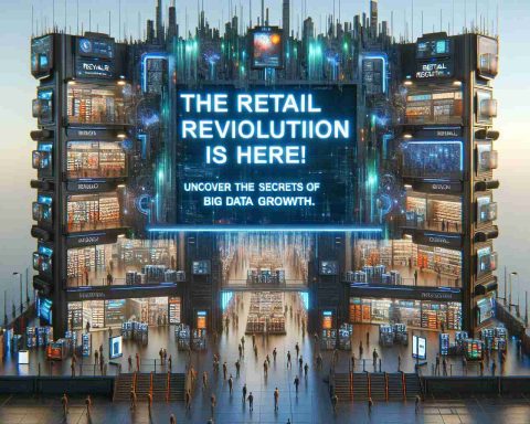 A high-definition, realistic image interpreting the concept of Retail Revolution. The scene includes a large futuristic store, inundated with electronic devices, utilizing AI and Big Data technologies for improved growth. The scene might have digital signboards flashing the phrase, 'The Retail Revolution is here! Uncover the Secrets of Big Data Growth.'