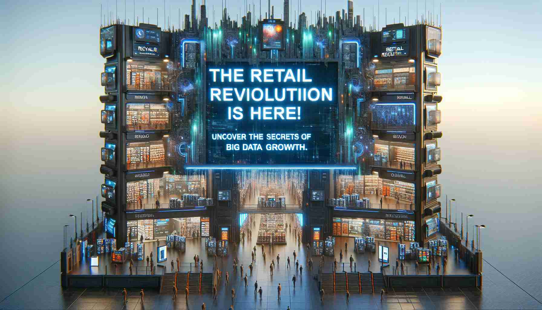 A high-definition, realistic image interpreting the concept of Retail Revolution. The scene includes a large futuristic store, inundated with electronic devices, utilizing AI and Big Data technologies for improved growth. The scene might have digital signboards flashing the phrase, 'The Retail Revolution is here! Uncover the Secrets of Big Data Growth.'