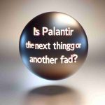 A high-definition, realistic portrayal of the words 'Is Palantir the Next Big Thing or Just Another Fad?' floating in a space, possibly on a glossy surface or a neat background to bring a sense of importance and curiosity to the question.