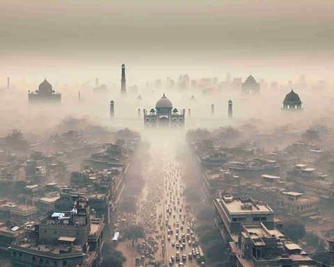 Create a hyper-realistic high-definition image depicting a scene of Delhi in India under a condition of highly toxic smog. The air quality has deteriorated to an alarming level, with the cityscape obscured by the thick grey smog. The usually vibrant and bustling streets are passively surrendered to the hazy atmosphere. The distinct monuments and historical architecture are heavily veiled under the smog, suggesting an environmental crisis.