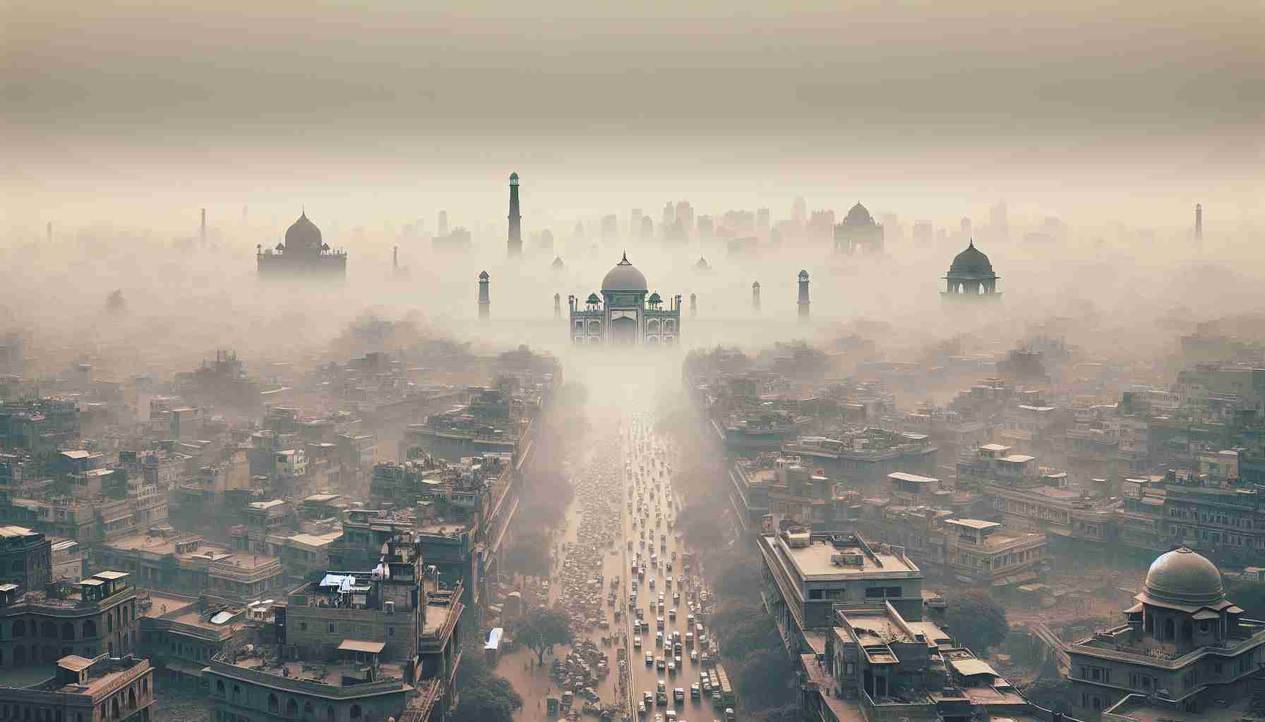 Create a hyper-realistic high-definition image depicting a scene of Delhi in India under a condition of highly toxic smog. The air quality has deteriorated to an alarming level, with the cityscape obscured by the thick grey smog. The usually vibrant and bustling streets are passively surrendered to the hazy atmosphere. The distinct monuments and historical architecture are heavily veiled under the smog, suggesting an environmental crisis.