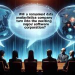 A high-definition realistic image of two speech bubbles representing a discussion on 'Will a renowned data analytics company turn into the following major software corporation?' with unidentified professionals providing their insights.