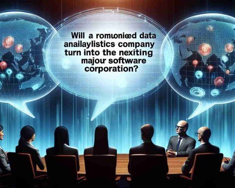 A high-definition realistic image of two speech bubbles representing a discussion on 'Will a renowned data analytics company turn into the following major software corporation?' with unidentified professionals providing their insights.