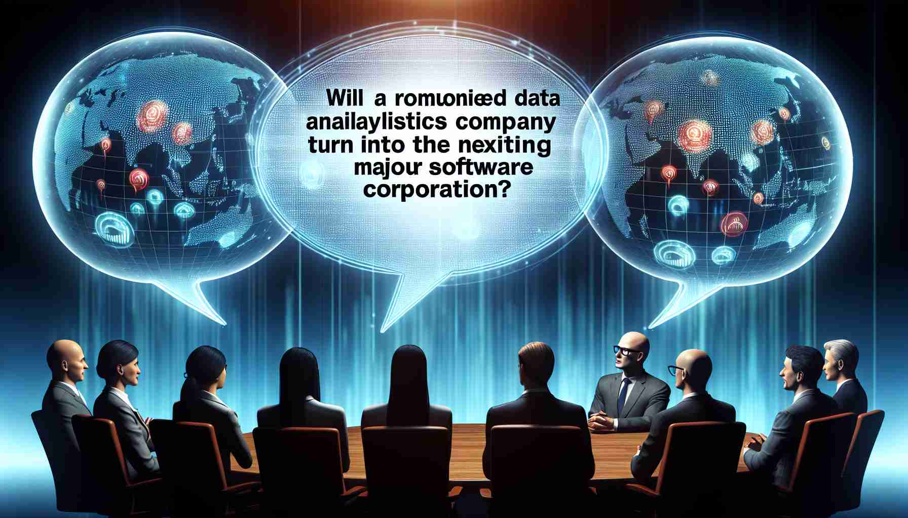 A high-definition realistic image of two speech bubbles representing a discussion on 'Will a renowned data analytics company turn into the following major software corporation?' with unidentified professionals providing their insights.