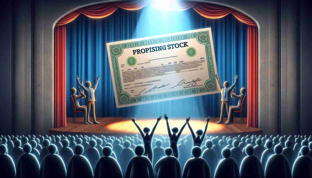 A high-definition, realistic image showing the concept of a promising stock in a metaphorical scene. It could demonstrate a share certificate in the spotlight on a stage with amazed spectators, suggesting that it might be the next big thing in the stock market.