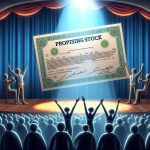 A high-definition, realistic image showing the concept of a promising stock in a metaphorical scene. It could demonstrate a share certificate in the spotlight on a stage with amazed spectators, suggesting that it might be the next big thing in the stock market.