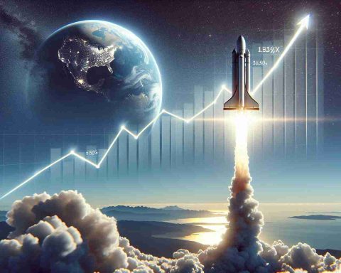 Generate a hyper-realistic, high-definition image that represents the concept of the aerospace company SpaceX aspiring to new heights, symbolized by the potential surge in its valuation. Show a futuristic rocket launching into space, leaving behind a trail of smoke on a clear day with blue skies. The rocket is ascending towards a graphical representation of increasing company values, perhaps depicted as a growing bar graph or upwardly-trending line graph in the sky. Also, include the planet earth in the background, glowing beautifully as it reflects the sunlight.