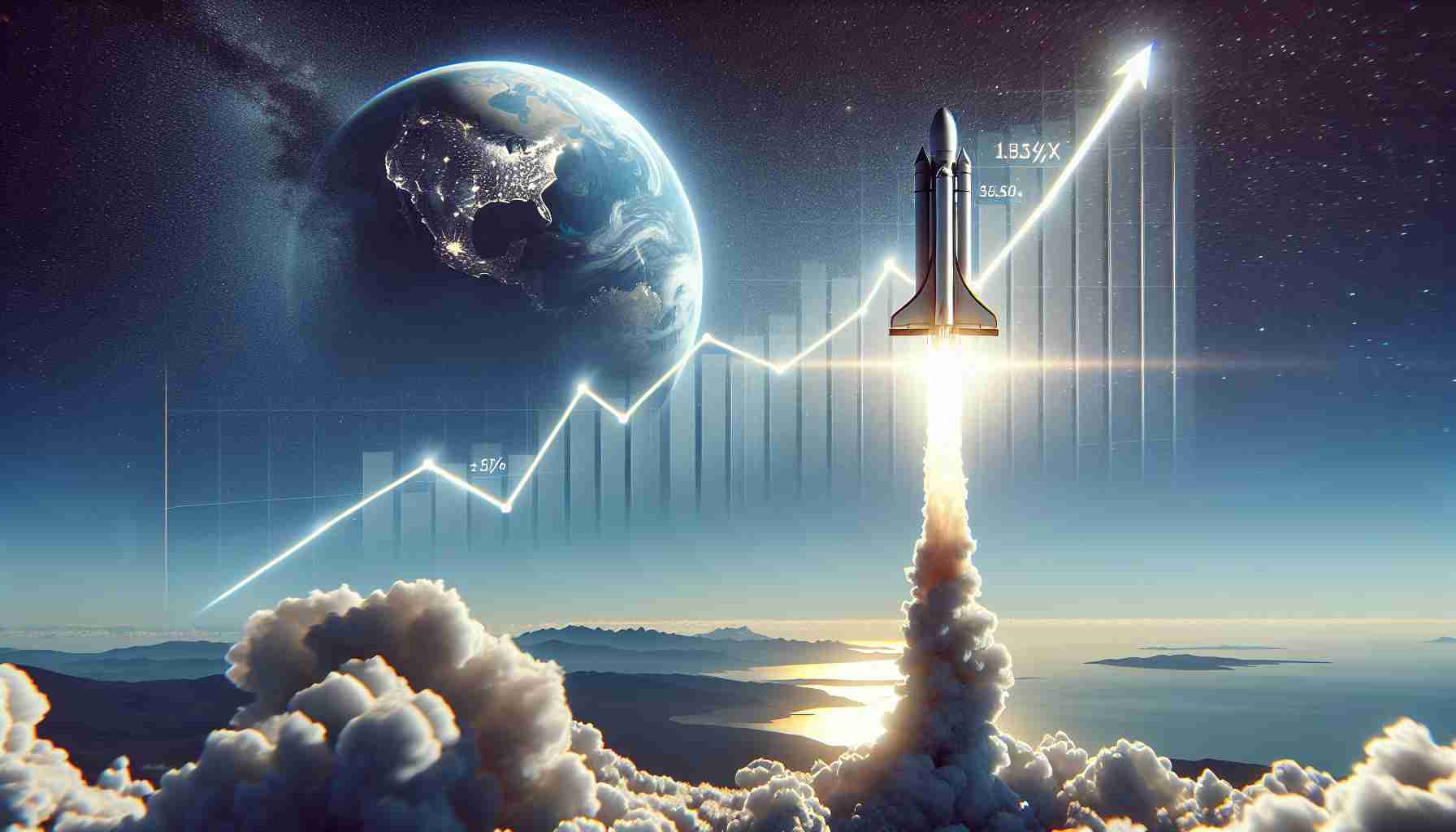 Generate a hyper-realistic, high-definition image that represents the concept of the aerospace company SpaceX aspiring to new heights, symbolized by the potential surge in its valuation. Show a futuristic rocket launching into space, leaving behind a trail of smoke on a clear day with blue skies. The rocket is ascending towards a graphical representation of increasing company values, perhaps depicted as a growing bar graph or upwardly-trending line graph in the sky. Also, include the planet earth in the background, glowing beautifully as it reflects the sunlight.