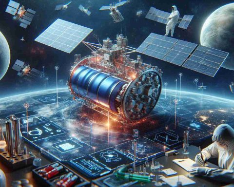 A highly detailed, high-definition image representing the future of lithium-ion batteries in satellite technology. The image should visually convey concepts such as unlocking or revealing new advancements. Potentially include elements such as a satellite floating in space with batteries visible, or scientists in a laboratory setting working on a large lithium-ion battery, with appropriate lab safety gear. Infographics or diagrams showing the structure of a lithium-ion battery and how they function in a satellite can also be included in the image.