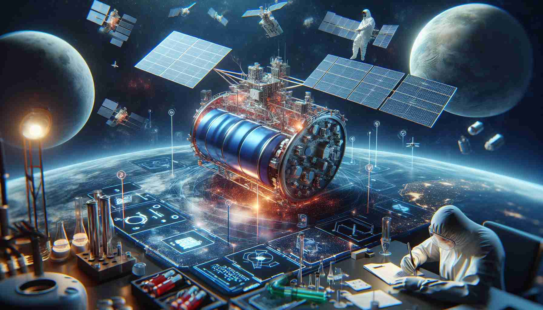 A highly detailed, high-definition image representing the future of lithium-ion batteries in satellite technology. The image should visually convey concepts such as unlocking or revealing new advancements. Potentially include elements such as a satellite floating in space with batteries visible, or scientists in a laboratory setting working on a large lithium-ion battery, with appropriate lab safety gear. Infographics or diagrams showing the structure of a lithium-ion battery and how they function in a satellite can also be included in the image.