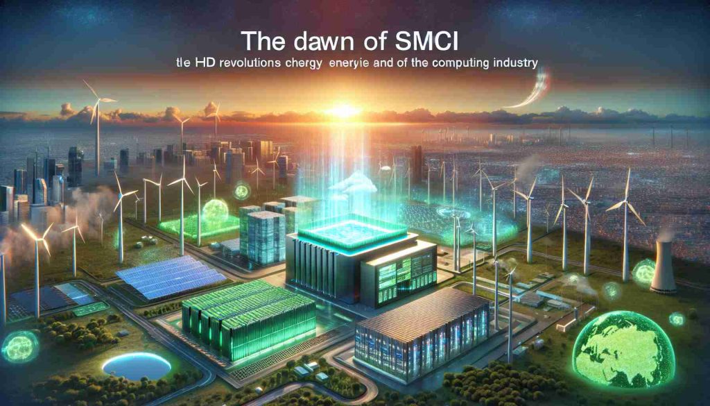 An HD scene illustrating the concept of the dawn of SMCI, as the company revolutionizes clean energy and the computing industry. This includes images of a sunrise over a futuristic cityscape demonstrating green energy solutions like solar panels and wind turbines, along with a visual representation of computing such as an advanced data center powered by these clean energy sources, showcasing a sense of progress and innovation.