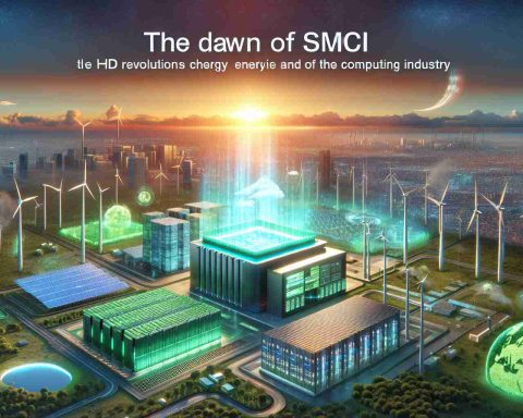 An HD scene illustrating the concept of the dawn of SMCI, as the company revolutionizes clean energy and the computing industry. This includes images of a sunrise over a futuristic cityscape demonstrating green energy solutions like solar panels and wind turbines, along with a visual representation of computing such as an advanced data center powered by these clean energy sources, showcasing a sense of progress and innovation.