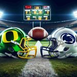 A high-definition realistic depiction of a symbolic football event. Picture a green and yellow football helmet with the shape of a duck emblem, representing the Oregon Ducks, about to collide against a football helmet colored in royal blue and white, bearing the symbol of a Nittany Lion, indicative of Penn State. This scene signifies them battling for Big Ten Glory. The background is filled with a roaring crowd, isolated field lights illuminating the scene, and digital scoreboards exuding the high stakes of the match.