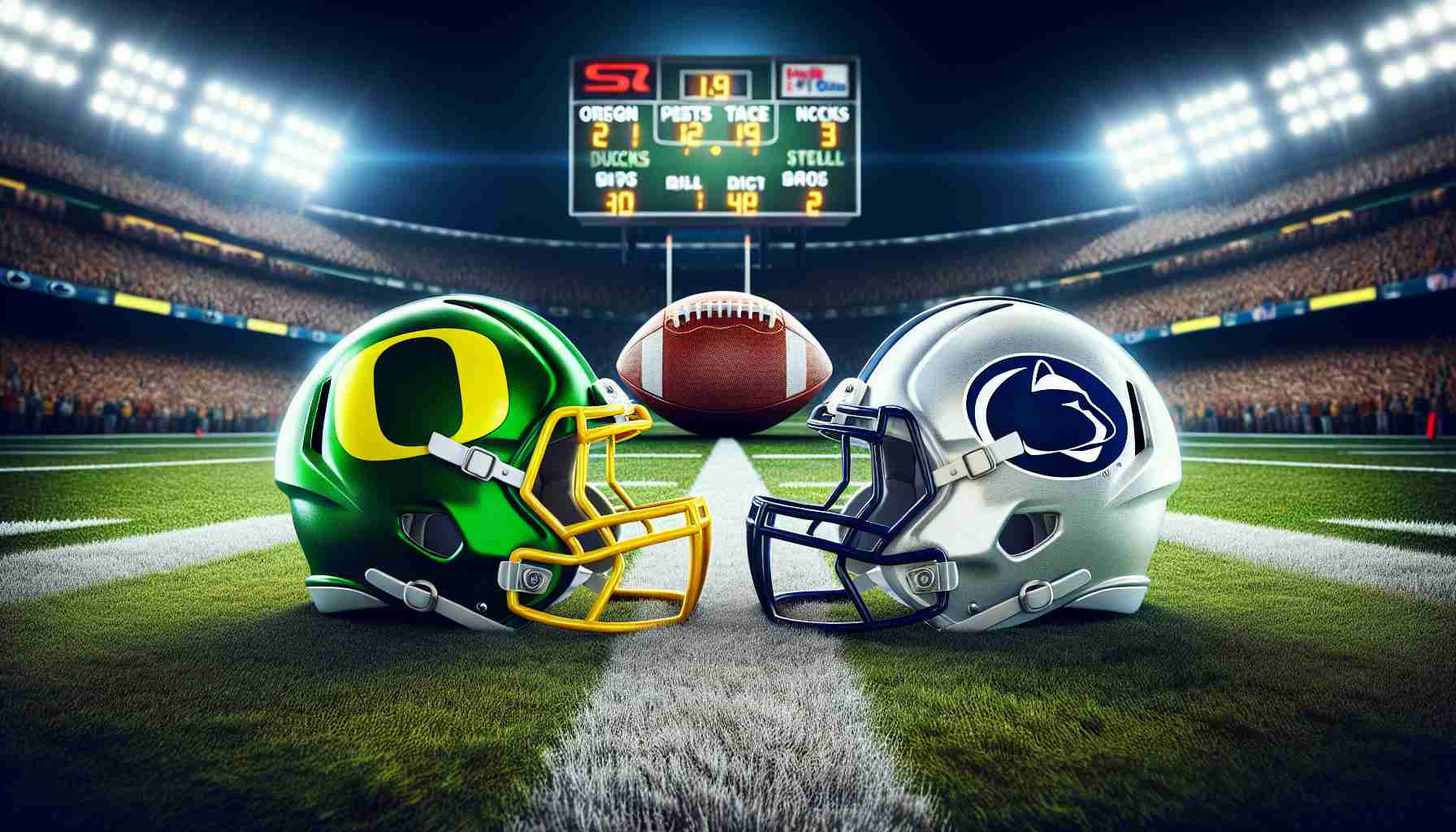 A high-definition realistic depiction of a symbolic football event. Picture a green and yellow football helmet with the shape of a duck emblem, representing the Oregon Ducks, about to collide against a football helmet colored in royal blue and white, bearing the symbol of a Nittany Lion, indicative of Penn State. This scene signifies them battling for Big Ten Glory. The background is filled with a roaring crowd, isolated field lights illuminating the scene, and digital scoreboards exuding the high stakes of the match.