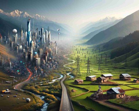 Imagine a scene depicting the duality of progress and struggle, set in a valley with beautiful mountain ranges. On one side, show the signs of urbanization, skyscrapers rising high, roads intertwining, and technology symbols like satellites and cell towers. On the other side, depict a peaceful rural landscape being encroached upon, with lush green fields and traditional homes being threatened by the advancing cityscape. Let this represent the crisis of progress, particularly in areas like Kashmir, where the contrast between tradition and modernity is stark. Render this image in a realistic HD style.