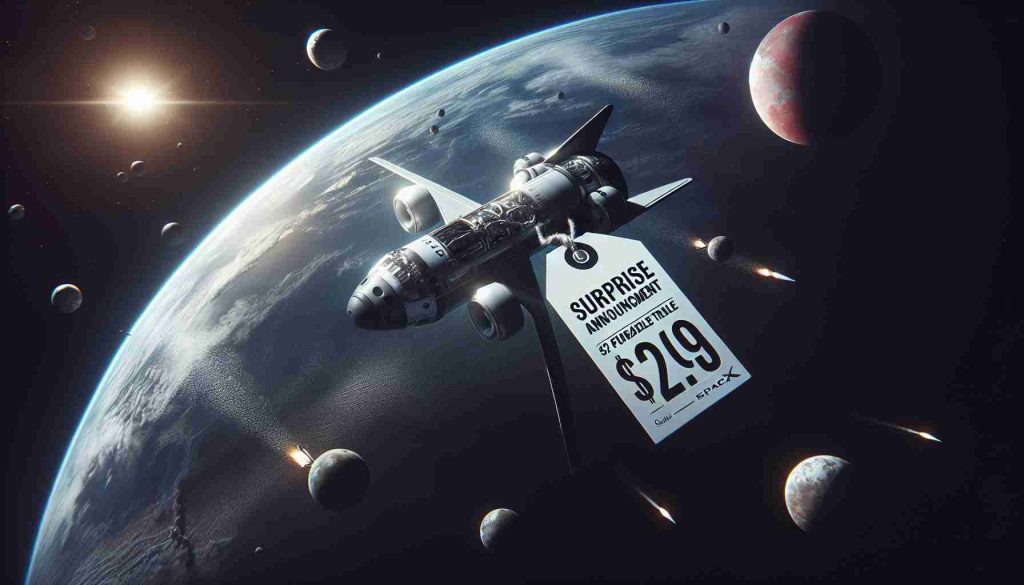 A high-definition, photo-realistic representation of a surprise announcement associated with SpaceX on Black Friday. This image alludes to the concept of future affordable space travel. It may include a futuristic spaceship, imagery of space, and sale tags indicating reduced prices to symbolise affordability.