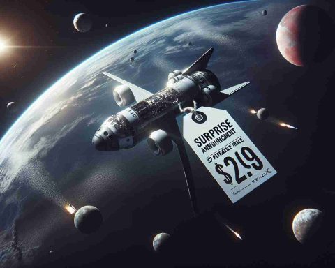 A high-definition, photo-realistic representation of a surprise announcement associated with SpaceX on Black Friday. This image alludes to the concept of future affordable space travel. It may include a futuristic spaceship, imagery of space, and sale tags indicating reduced prices to symbolise affordability.