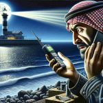 A detailed scene set by the ocean shore where a middle-eastern male fisherman grapples with an unauthorized satellite phone. His face reflects a combination of surprise and concern. In the background, a lighthouse sends out a powerful beam that metaphorically acts as an alarm bell. The sea, sparkling under the moonlight, is calm, contrasting with the tension in the scene. The image is done in a realistic, high-definition style.