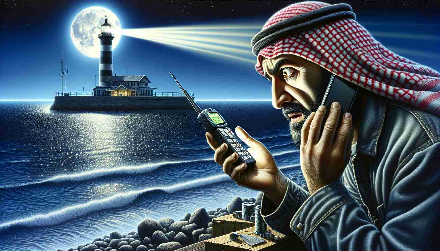 A detailed scene set by the ocean shore where a middle-eastern male fisherman grapples with an unauthorized satellite phone. His face reflects a combination of surprise and concern. In the background, a lighthouse sends out a powerful beam that metaphorically acts as an alarm bell. The sea, sparkling under the moonlight, is calm, contrasting with the tension in the scene. The image is done in a realistic, high-definition style.