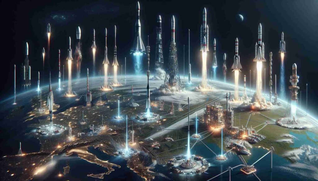 A realistic, high-definition image depicting space as a new global playground. It portrays the race for the stars among several futuristic rockets taking off from various parts of the Earth, representing different countries. Alongside the launch sites, multiple ground-based technologies and infrastructures pulsate with activity, hinting at the broader implications of space exploration back on Earth. The scene subtly suggests that this extraterrestrial engagement promises more for our home planet than we might initially comprehend.