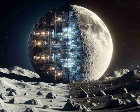 Generate a high-definition and realistic image representing the dark side of the moon. The scene should reflect dual themes: one half showing the possible environmental impact of human exploration, hinting at issues like accumulated waste or disturbance of the lunar surface; and the other half symbolizing the technological marvel human moon exploration represents, shown through futuristic buildings, impressive machinery or advanced scientific tools.