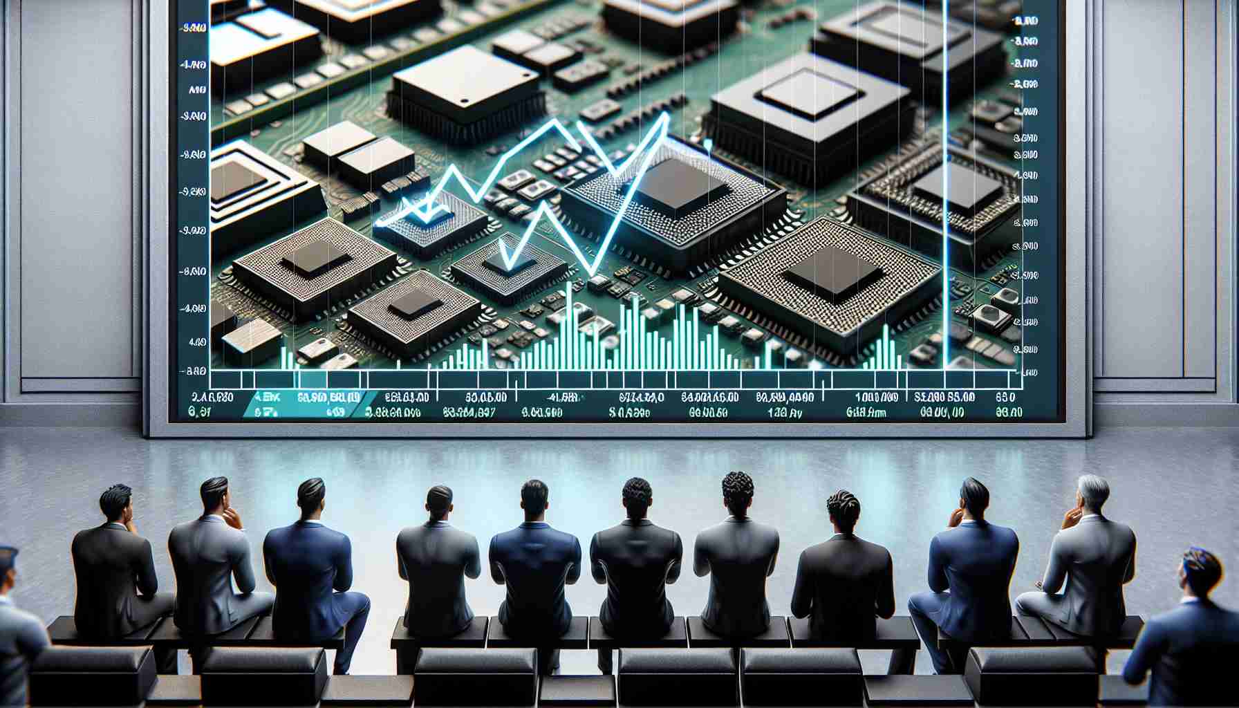 Render a high-definition, realistic image symbolizing the concept of investors remaining unfazed by new trade restrictions on semiconductors. The image could include an array of semiconductors, stock market graphs showing a stable line, and stoic looking investors of diverse genders and descents including Caucasian, Hispanic, Middle Eastern and Black, observing the screen displaying these graphs.