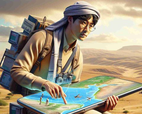 High-definition, realistic image of a Korean descent man named Johnny, who has an adventurous spirit, exploring the diverse landscapes of Somalia. The scene symbolizes the innovative narratives being created in the digital age. Johnny may be using modern digital tools to map his journey, highlighting the contrast and merging of technology with traditional Somali panoramas.