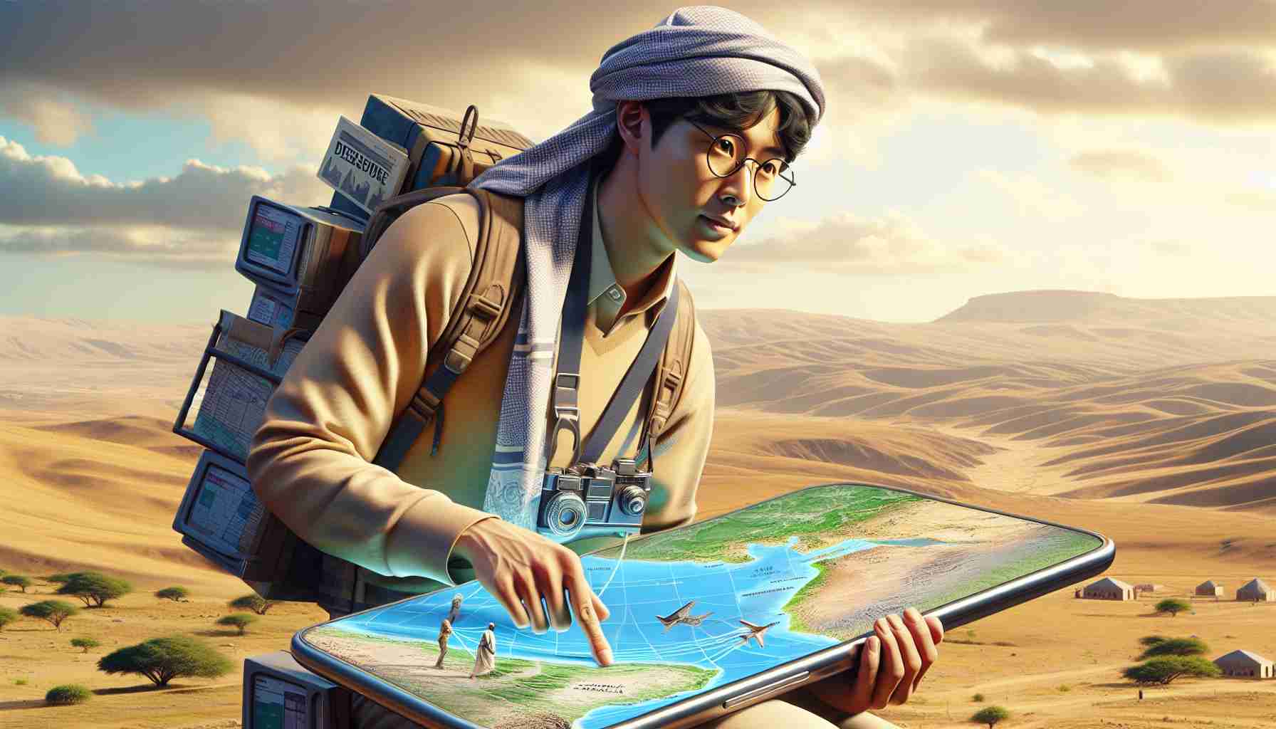 High-definition, realistic image of a Korean descent man named Johnny, who has an adventurous spirit, exploring the diverse landscapes of Somalia. The scene symbolizes the innovative narratives being created in the digital age. Johnny may be using modern digital tools to map his journey, highlighting the contrast and merging of technology with traditional Somali panoramas.