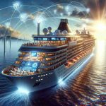 Portray an ultra-high definition, realistic image that captures the essence of 'Unleash the Wave of Connectivity'. Visualize a scene of luxurious cruise ship on a tranquil ocean. On the ship, there's innovative technology at work with 5G antennas visible and people interacting with various digital interfaces. The sun should be setting in the background creating a beautiful shimmer on the ocean waves.