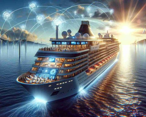 Portray an ultra-high definition, realistic image that captures the essence of 'Unleash the Wave of Connectivity'. Visualize a scene of luxurious cruise ship on a tranquil ocean. On the ship, there's innovative technology at work with 5G antennas visible and people interacting with various digital interfaces. The sun should be setting in the background creating a beautiful shimmer on the ocean waves.