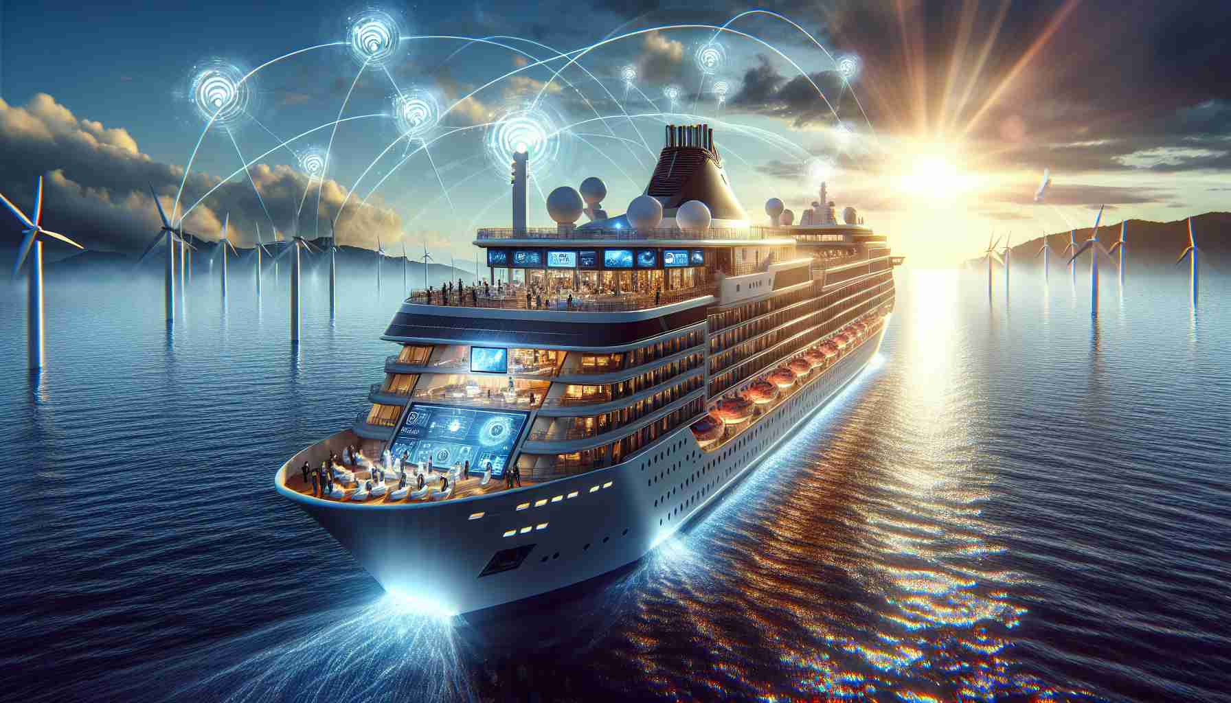 Portray an ultra-high definition, realistic image that captures the essence of 'Unleash the Wave of Connectivity'. Visualize a scene of luxurious cruise ship on a tranquil ocean. On the ship, there's innovative technology at work with 5G antennas visible and people interacting with various digital interfaces. The sun should be setting in the background creating a beautiful shimmer on the ocean waves.