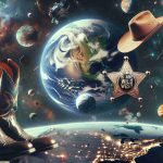 A high-definition, realistic photo that is a conceptual representation of the question 'Is Space the New Wild West?'. The image features a vast cosmic landscape, filled with planets and stars. It is contrasted with symbols of the wild west, such as a cowboy hat, boots, and a vintage sheriff's badge floating in the zero gravity. Overlaying the scene are outlines of Earth continents to symbolize global cooperation. The scene conveys both the looming chaos of unregulated space exploration and the dire need for worldwide unity.