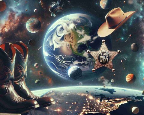 A high-definition, realistic photo that is a conceptual representation of the question 'Is Space the New Wild West?'. The image features a vast cosmic landscape, filled with planets and stars. It is contrasted with symbols of the wild west, such as a cowboy hat, boots, and a vintage sheriff's badge floating in the zero gravity. Overlaying the scene are outlines of Earth continents to symbolize global cooperation. The scene conveys both the looming chaos of unregulated space exploration and the dire need for worldwide unity.