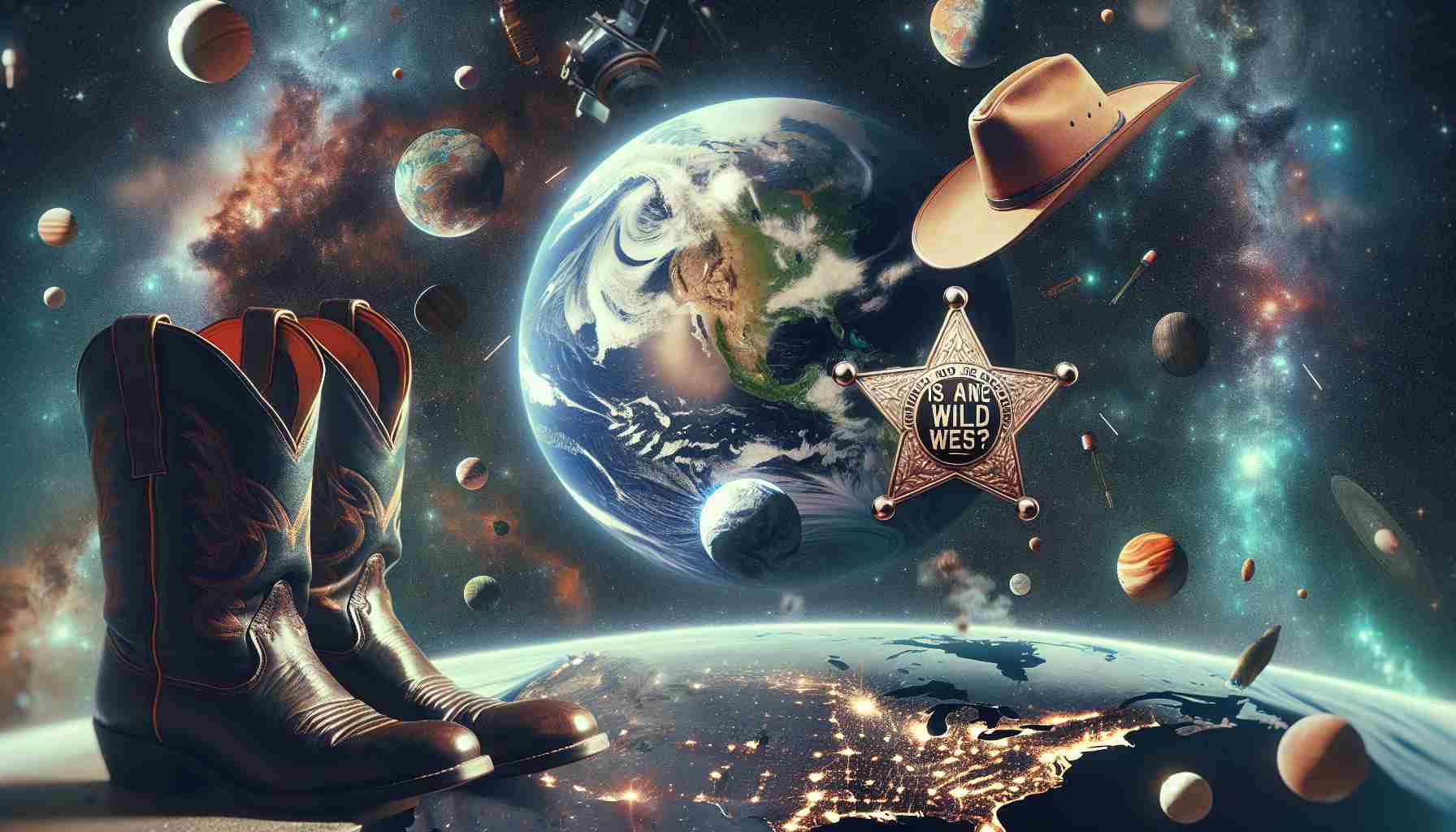 A high-definition, realistic photo that is a conceptual representation of the question 'Is Space the New Wild West?'. The image features a vast cosmic landscape, filled with planets and stars. It is contrasted with symbols of the wild west, such as a cowboy hat, boots, and a vintage sheriff's badge floating in the zero gravity. Overlaying the scene are outlines of Earth continents to symbolize global cooperation. The scene conveys both the looming chaos of unregulated space exploration and the dire need for worldwide unity.