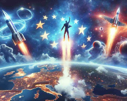 Create a highly detailed and realistic image depicting the metaphorical concept of Europe taking a bold leap into space, signifying their entry into the arena of satellite internet services. Showcase a backdrop filled with stars and galaxies, with Europe figuratively launching upwards. Directly above, represent two symbolizing entities embodying Starlink and Kuiper, personifying them as formidable contestants in this interstellar race.