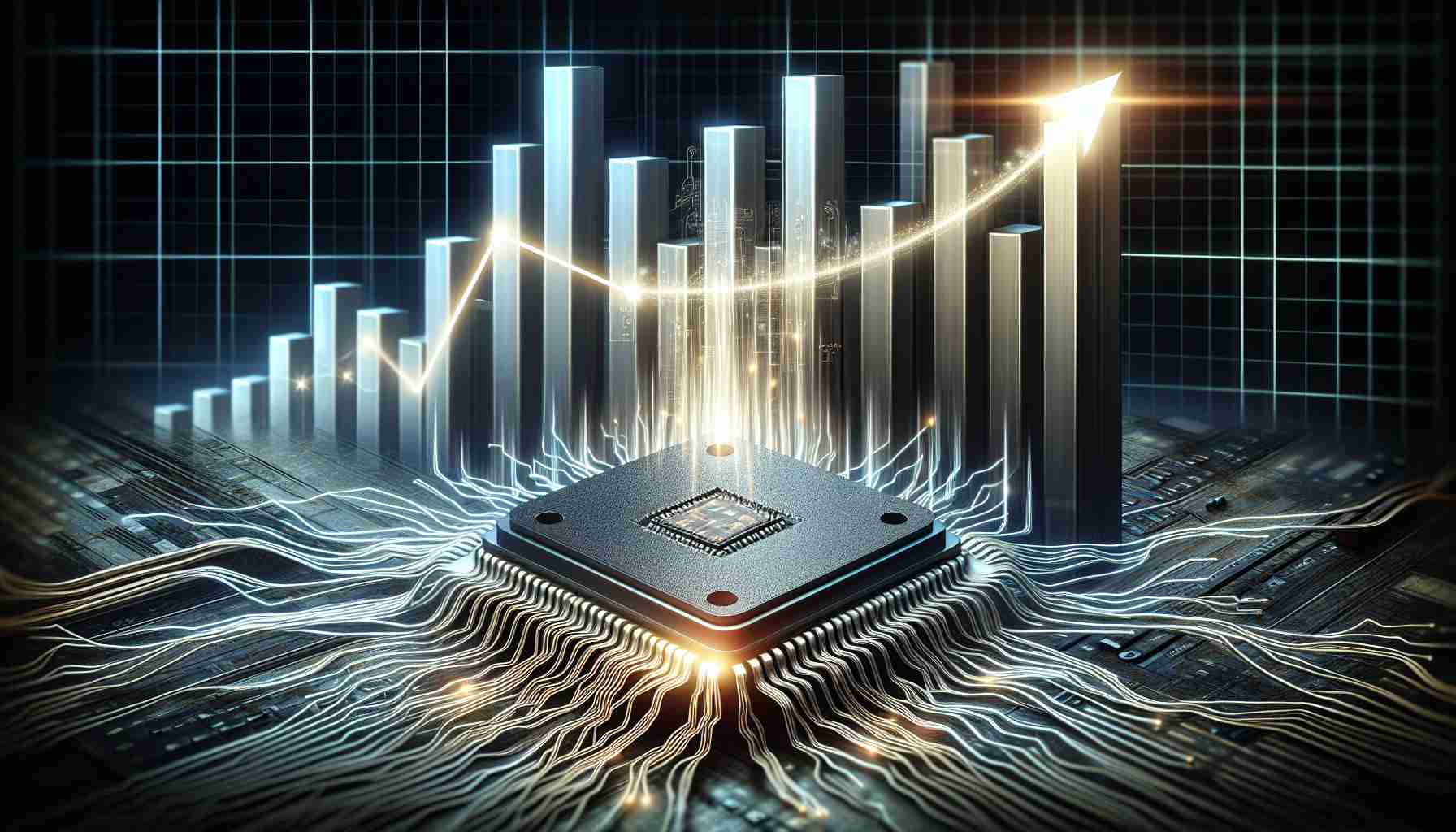 A detailed and realistic high-definition image representing the significant growth of a fictional tech company in the field of artificial intelligence. The image portrays the concept of advancement and innovation, symbolised by an ever-growing, intricately wired AI chip against a backdrop of soaring bar graphs. The bar graphs are a visual metaphor for the company's upwards trajectory. Add a dramatic touch using light effects, emphasizing the chip as the 'game-changing' element.