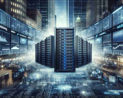 Generate a realistic, high-definition image of a groundbreaking technology in the stock market. This innovation, symbolically referred to as 'New Frontier', should be represented by sophisticated servers or supermicro hardware systems, indicative of advanced IT infrastructure, data storage, and processing capabilities. The backdrop should be the Nasdaq, depicted as a visually impressive hub of financial activity with multiple screens showing various market trends and stock values.